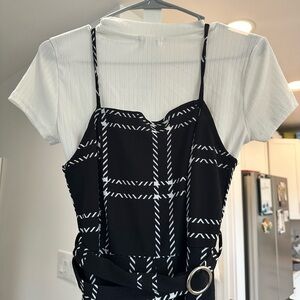 Black and White Plaid Romper with Belt